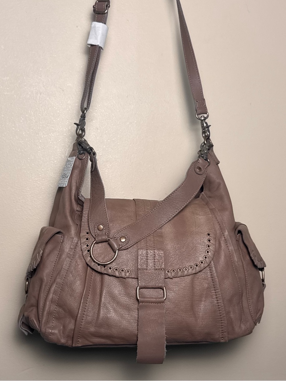 Free people Baby Leigh Distressed Leather Hobo Bag with Lock Charm Brown